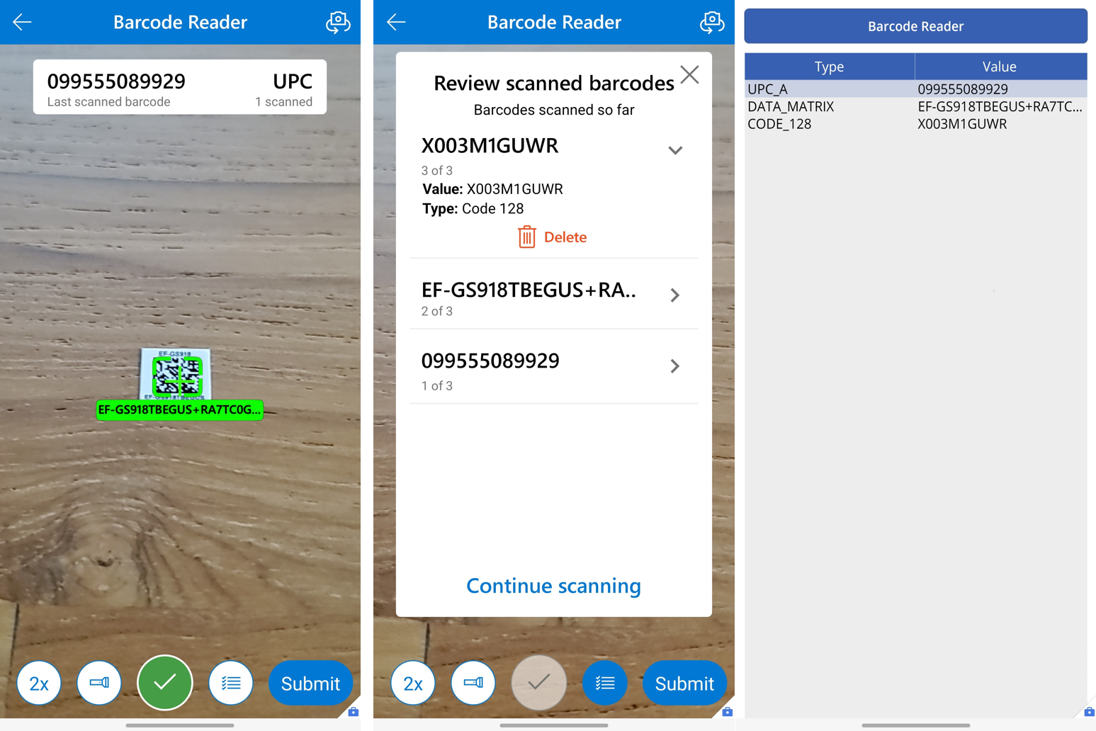 A set of three screens side-by-side showing the different capabilities of the barcode reader control.