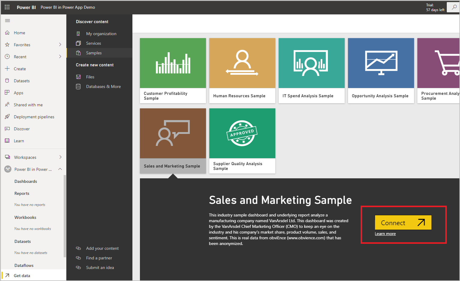 Select the Connect button to connect to the data sample