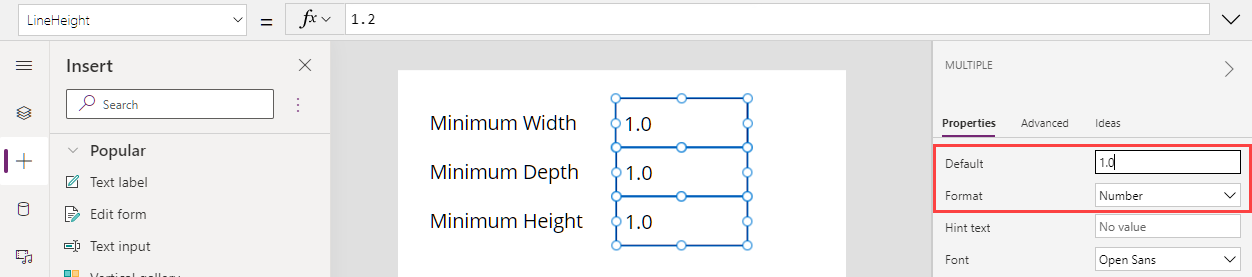 A screenshot of three text input controls under construction in Microsoft Power Apps Studio, shown alongside the properties of the selected group.