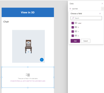 A screenshot of a 3D model under construction in Power Apps Studio, shown alongside a list of fields to add to a data table.