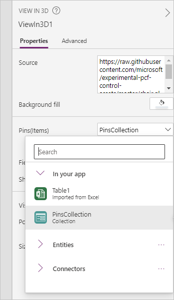 A screenshot of the Pins(Items) property of a 3D model in Power Apps Studio, with the data source PinsCollection selected.