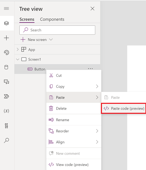 Screenshot of the tree view in Power Apps Studio, with the Paste code option highlighted on a control's context menu.
