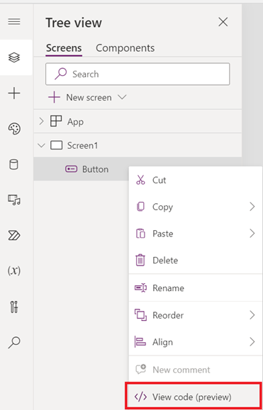 Screenshot of the tree view in Power Apps Studio, with the View code option on a control's context menu highlighted.