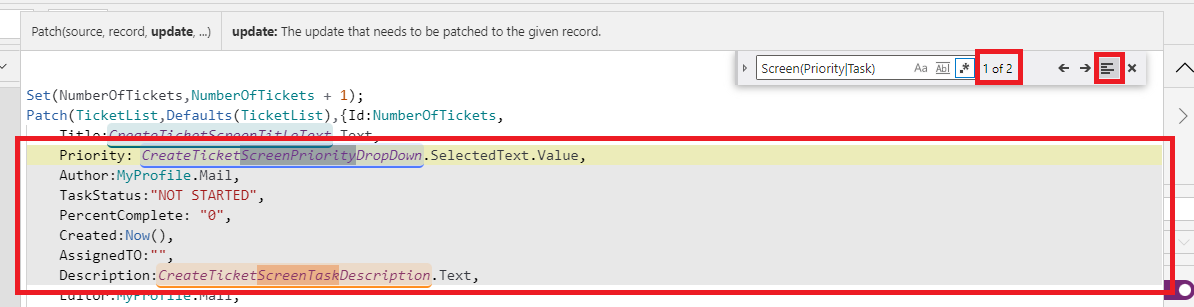 The formula in the formula bar showing a selected block of text