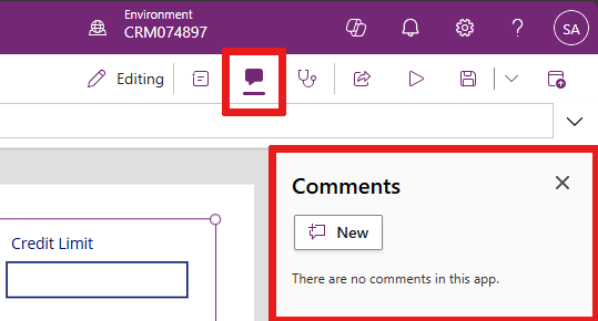 Screenshot that shows where the comments button is located on the command bar.