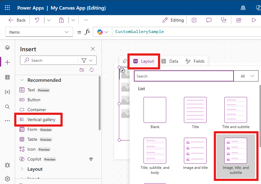 Use inline actions to select a layout