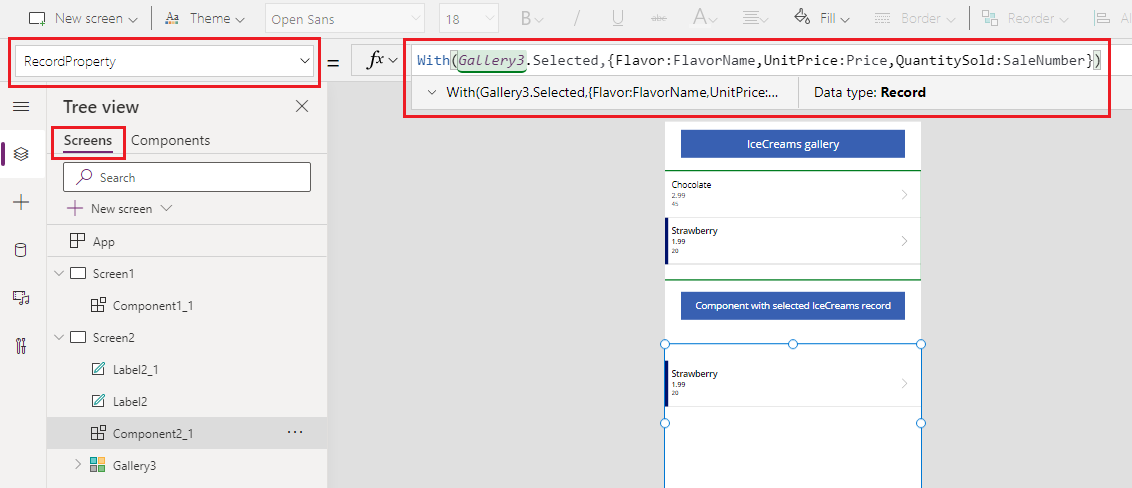 Component record in app mapped to the data source schema.