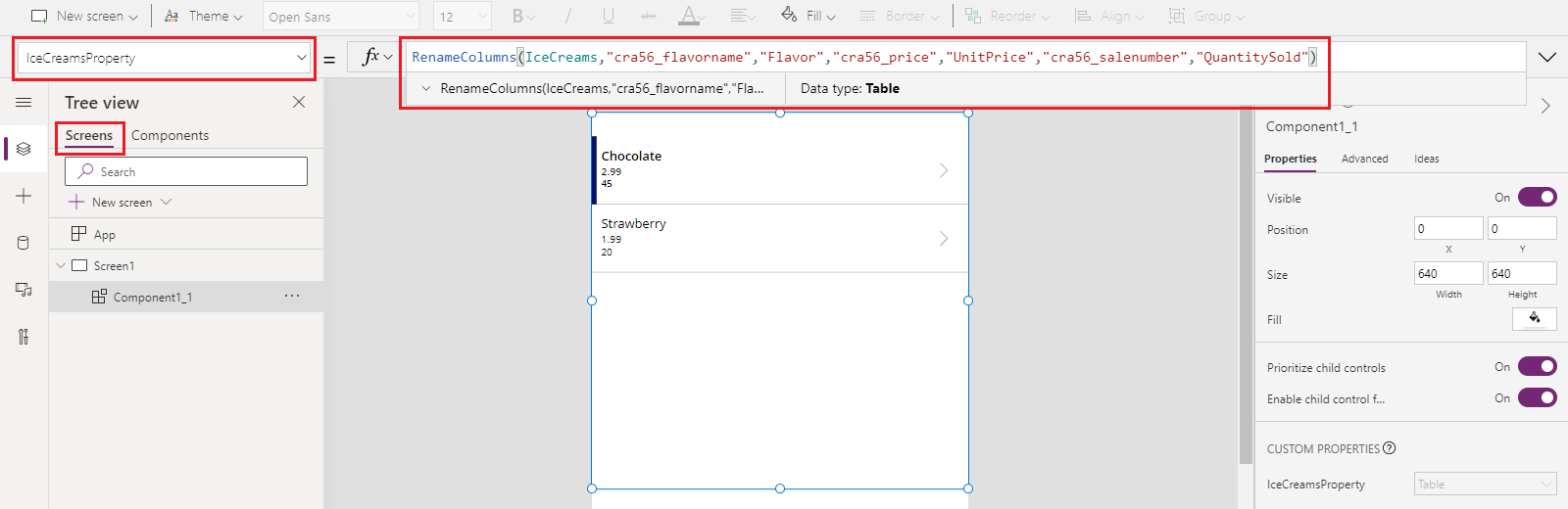 App using component that uses custom input property mapping with the correct columns using RenameColumns function.