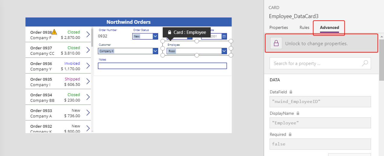 Unlock the Employee data card.