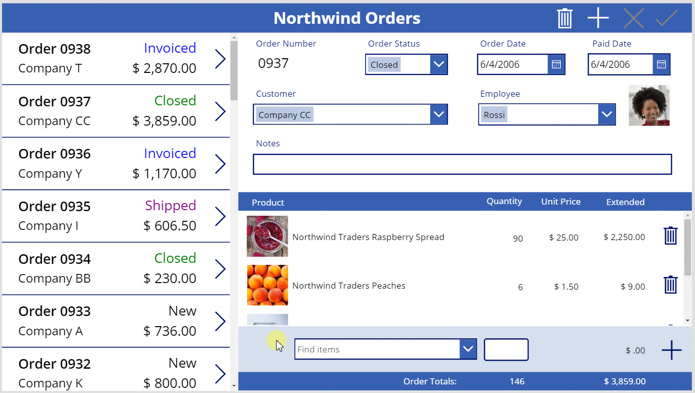 Animation of adding and removing order details.