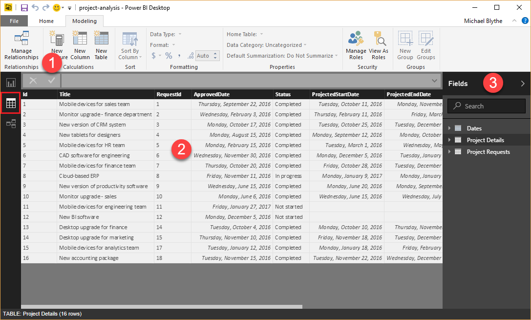 Power BI Desktop data view.