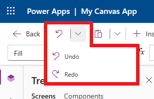 Screenshot that shows where the undo and redo controls are located in the command bar.