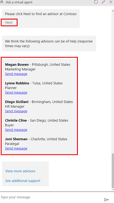 Screenshot of a bot suggesting advisors in a conversation with a user.