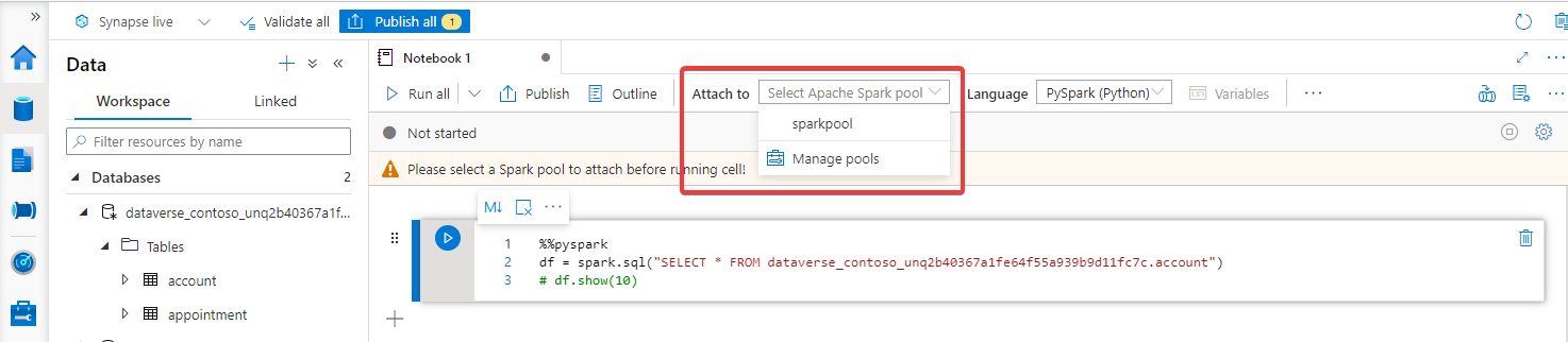 Attach Spark pool.