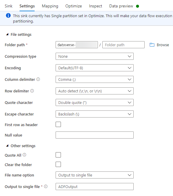 Configure the sink Settings tab