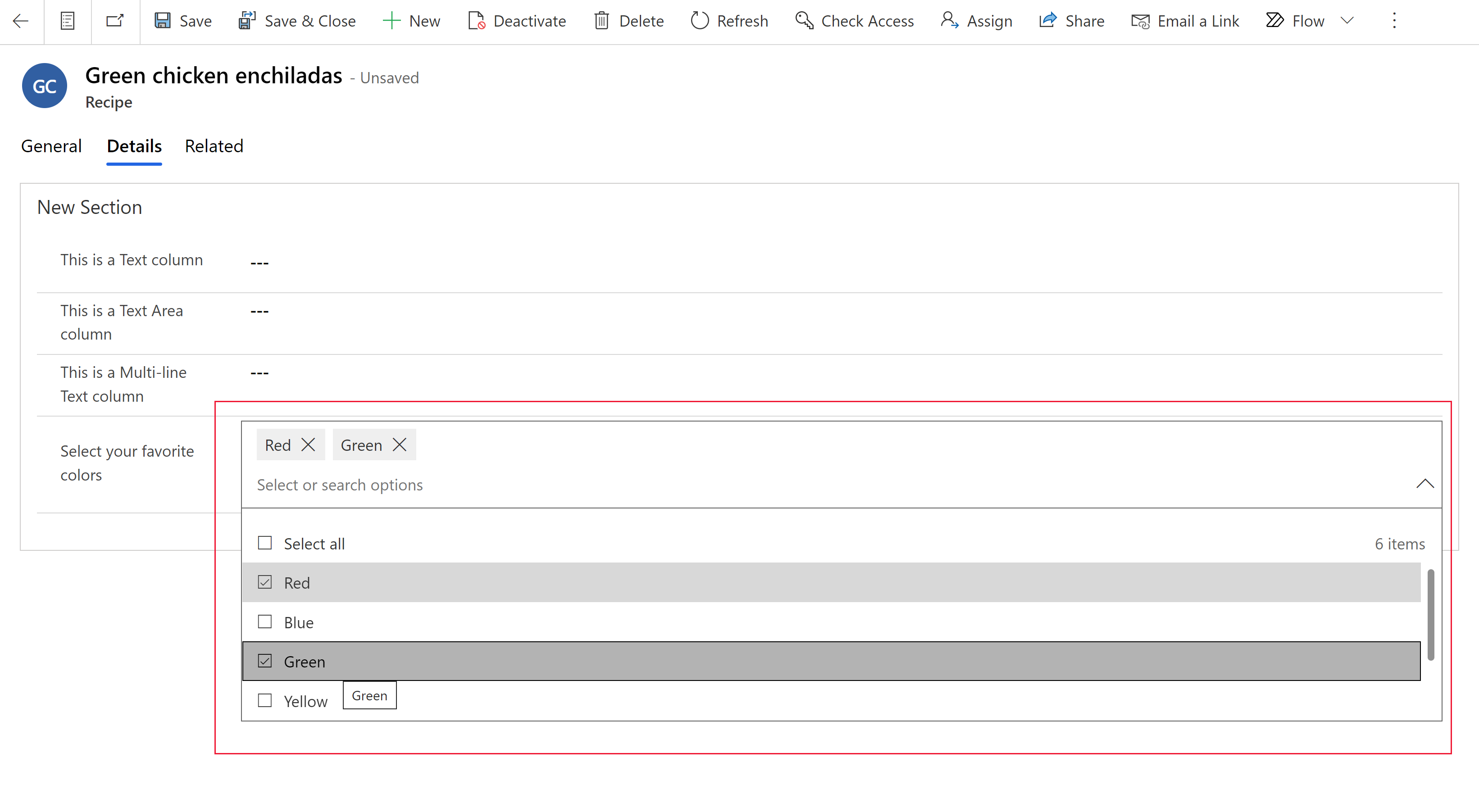 A multi-select choices column displayed on a model-driven app main form