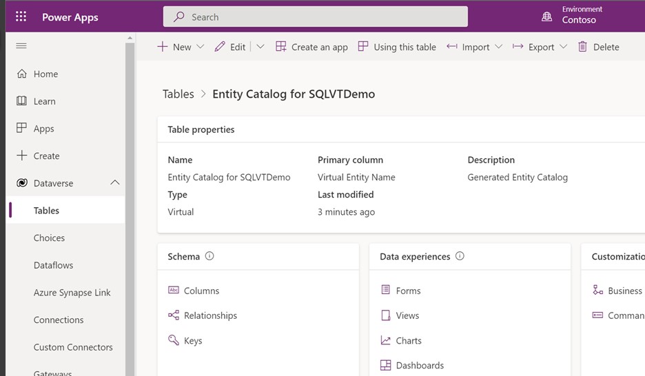 Entity catalog with a table selected, table view