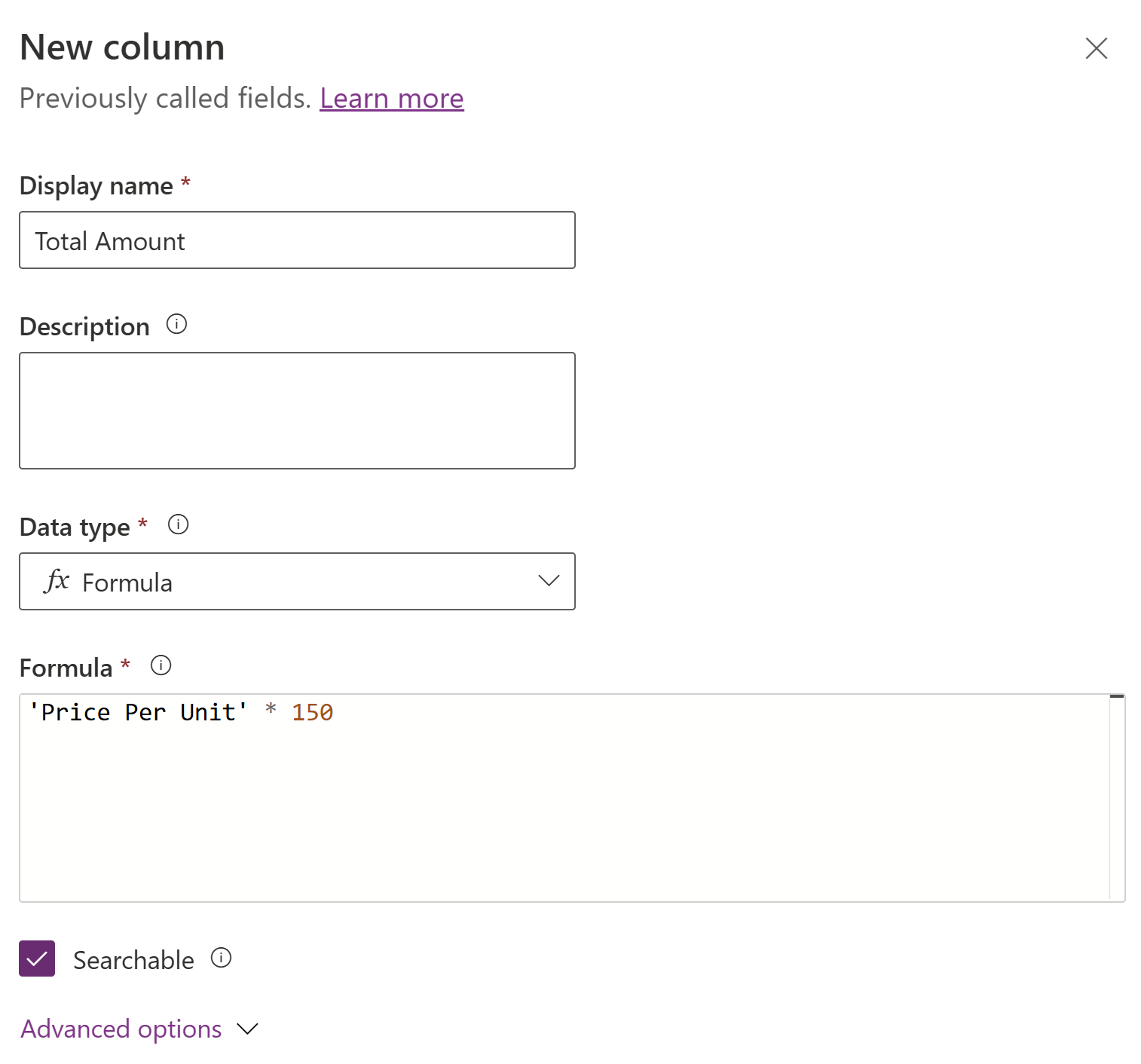 Screenshot of a create a new formula column pane for use with a decimal number using 'Price Per Unit' * 150.