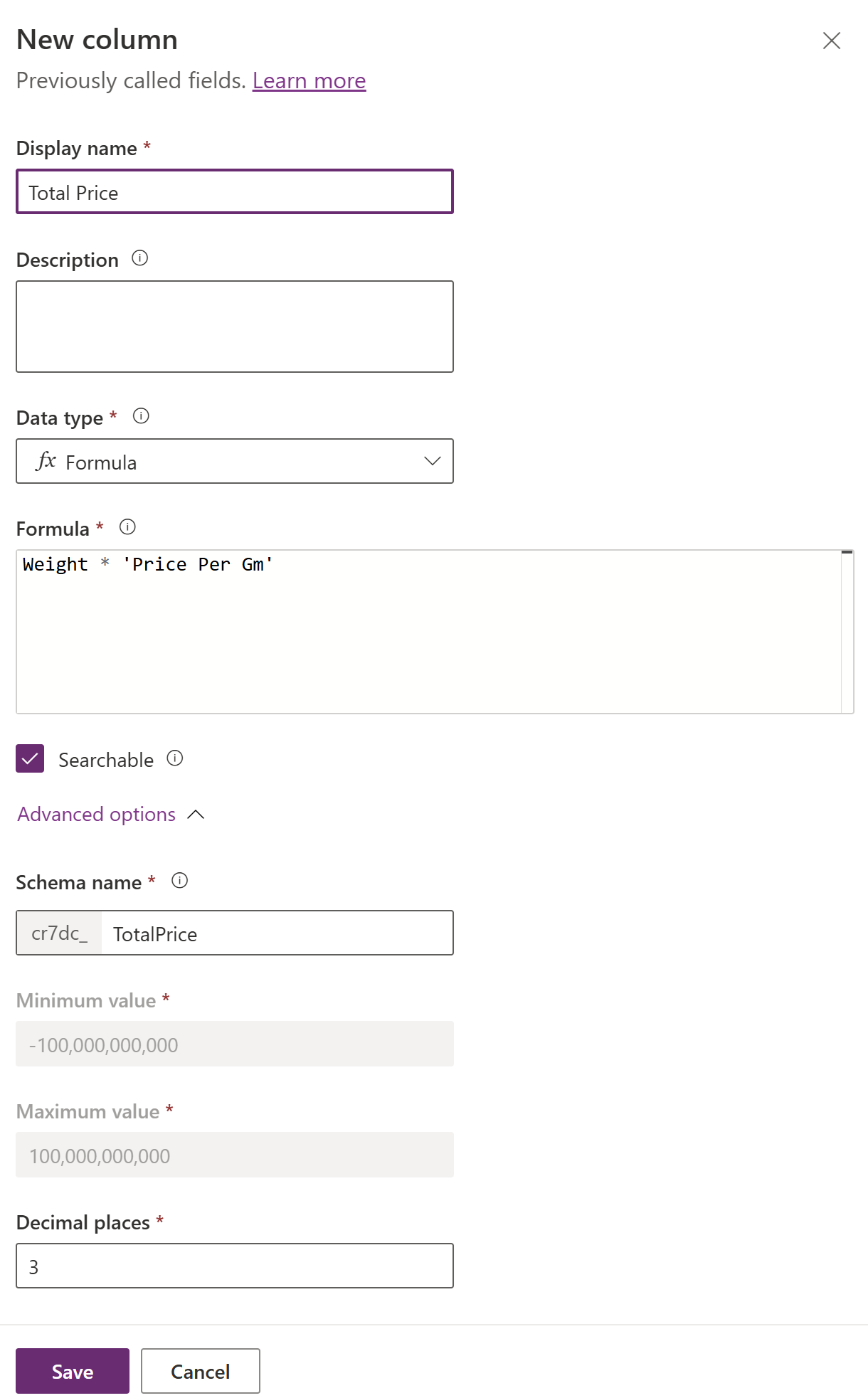 Screenshot of a creating float formula column