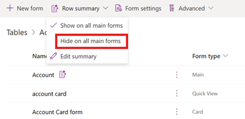 Hide all main form row summaries