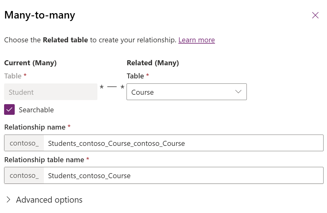 Many-to-many panel used to create the relationship with the student and course tables.