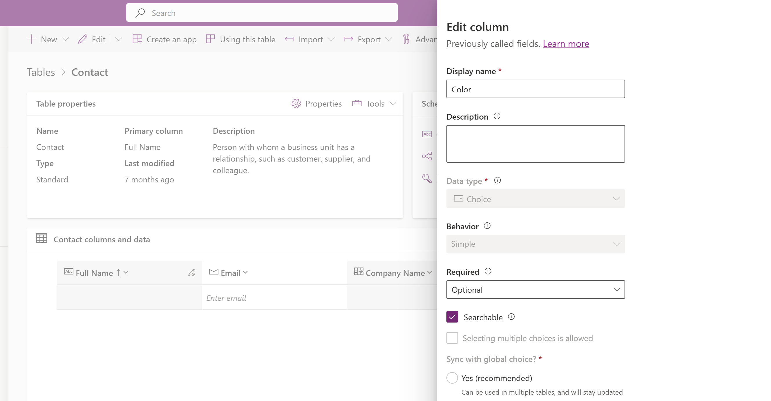 Choice column for related contact table named color.