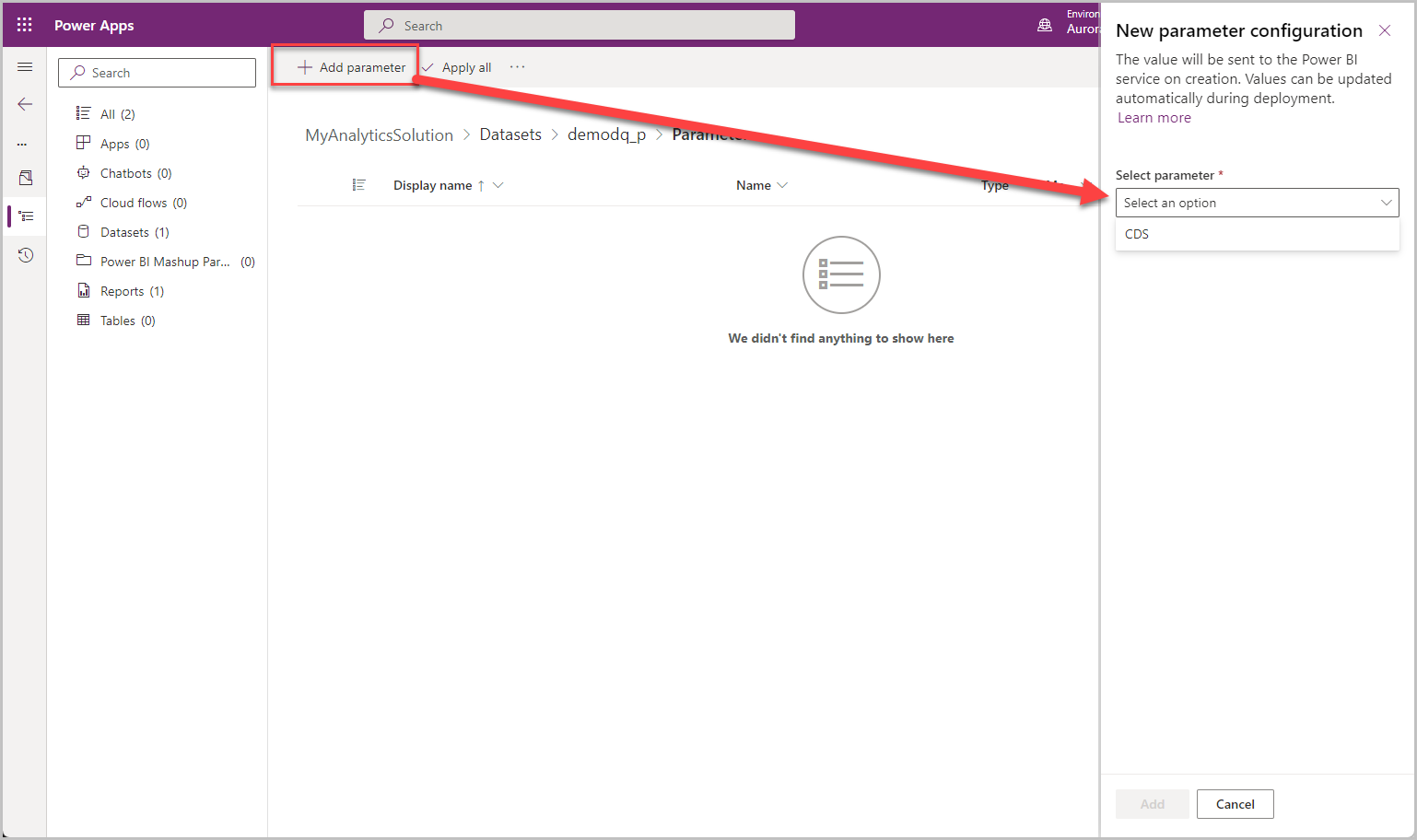 Screenshot of how to add a new Power B I parameter.