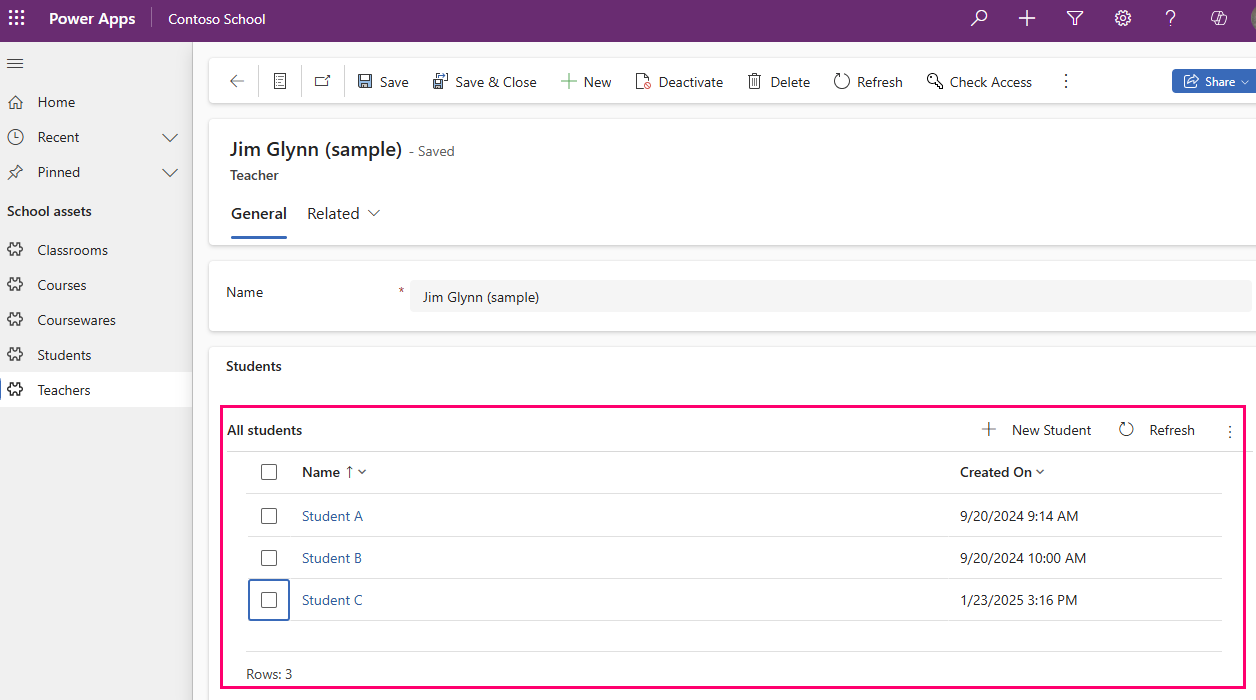 Read-only grid control in a model-driven app form.