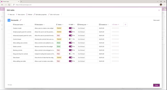 Table designer for edit a table in app designer