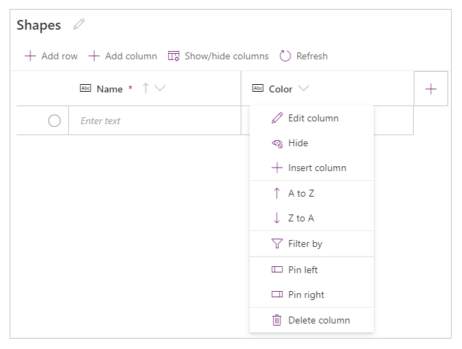 Column options.