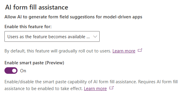 Screenshot that shows form fill assistance being enabled for the environment.