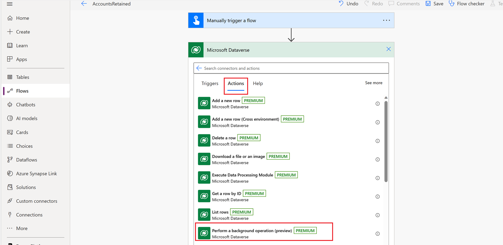 For the action, select perform background operation.