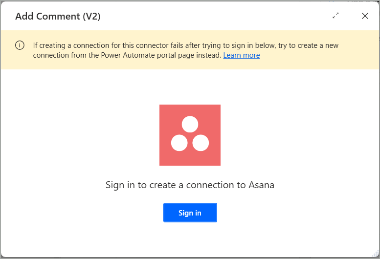 Screenshot of the sign in dialog in connector actions including a banner message
