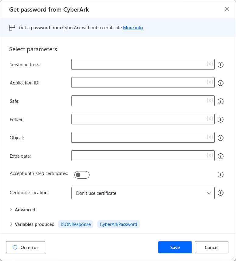 Screenshot of the Get password from CyberArk action.