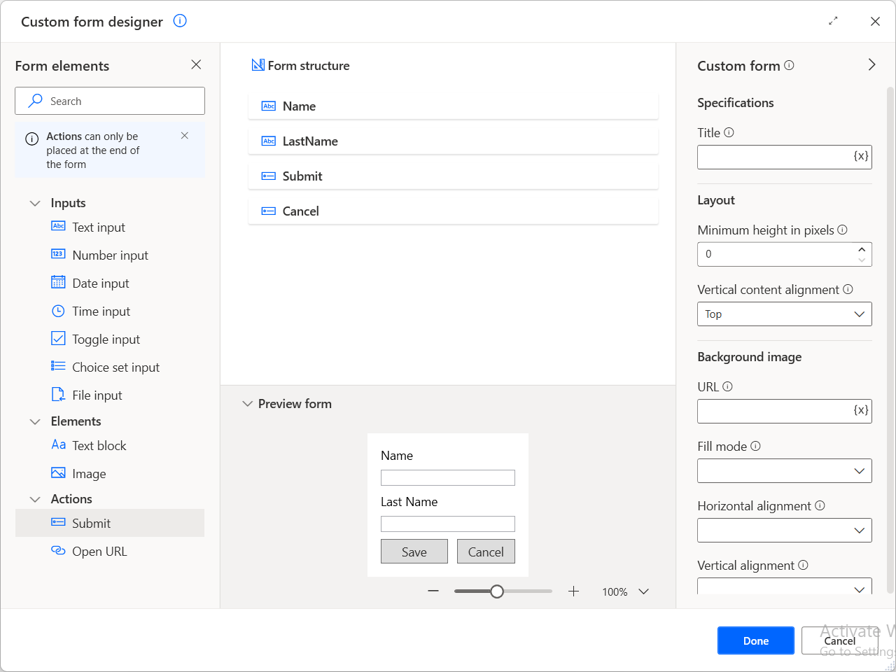 Screenshot of the custom form designer.