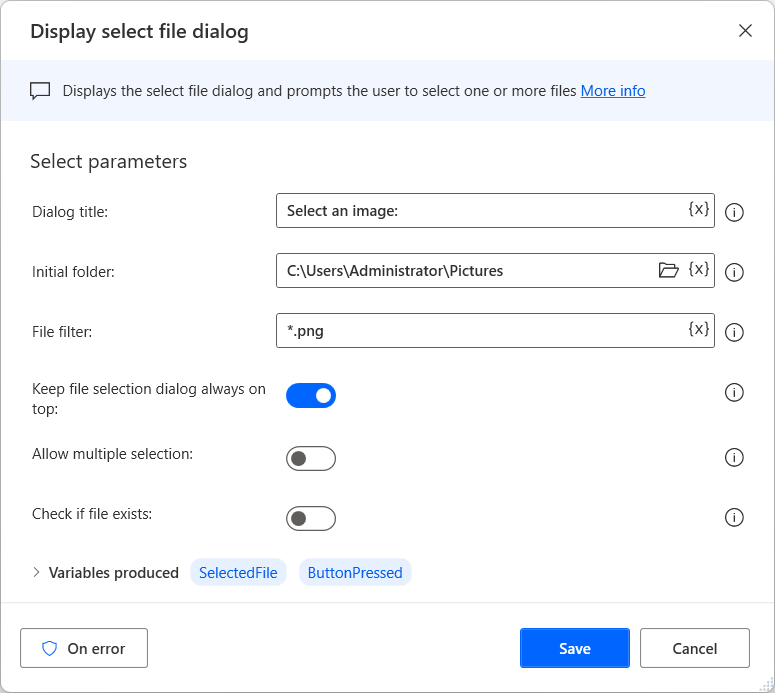 Screenshot of the Display select file dialog action.