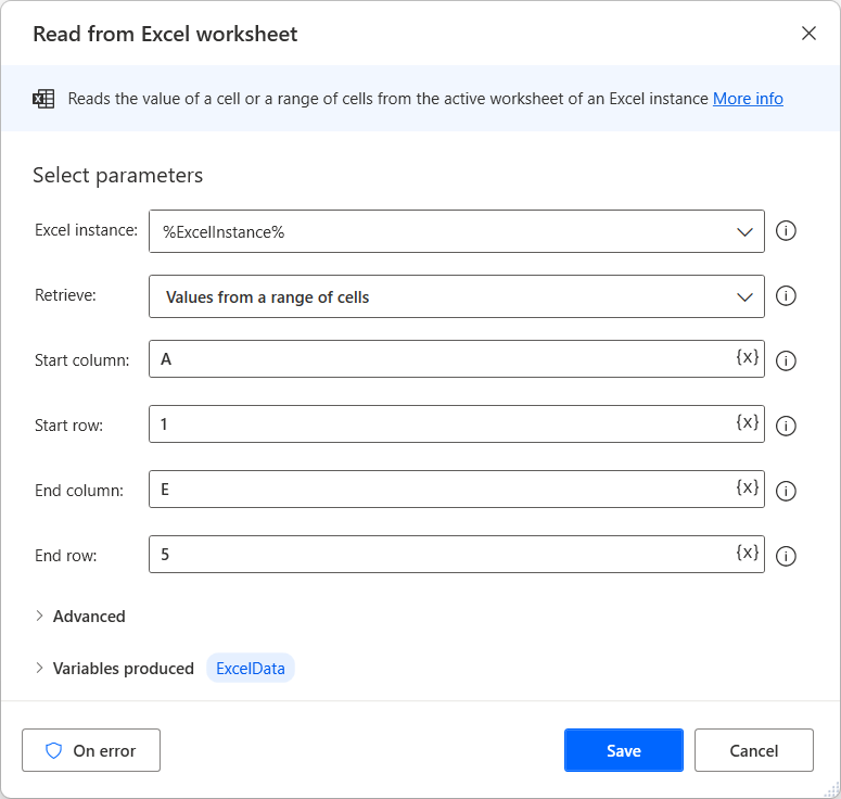 Screenshot of the Read from Excel worksheet action.