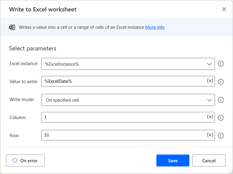 Screenshot of the Write to Excel worksheet action.