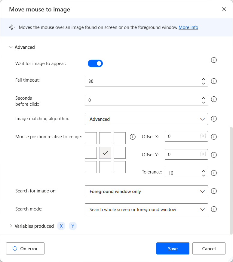 Screenshot of the Move mouse to image action advanced properties.