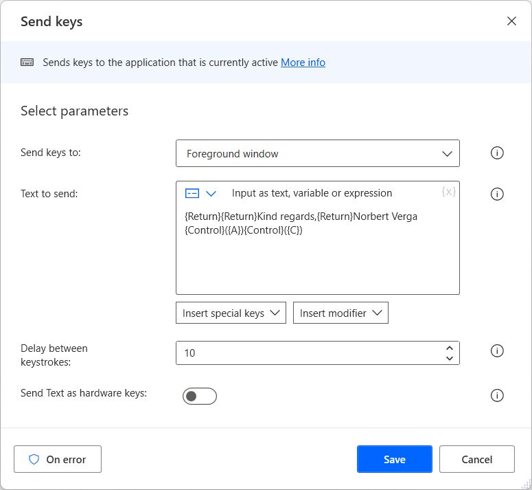Screenshot of the Send keys action.