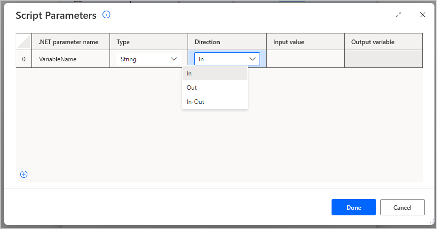 Screenshot of the Script Parameters window in Run .NET script action, setting the direction