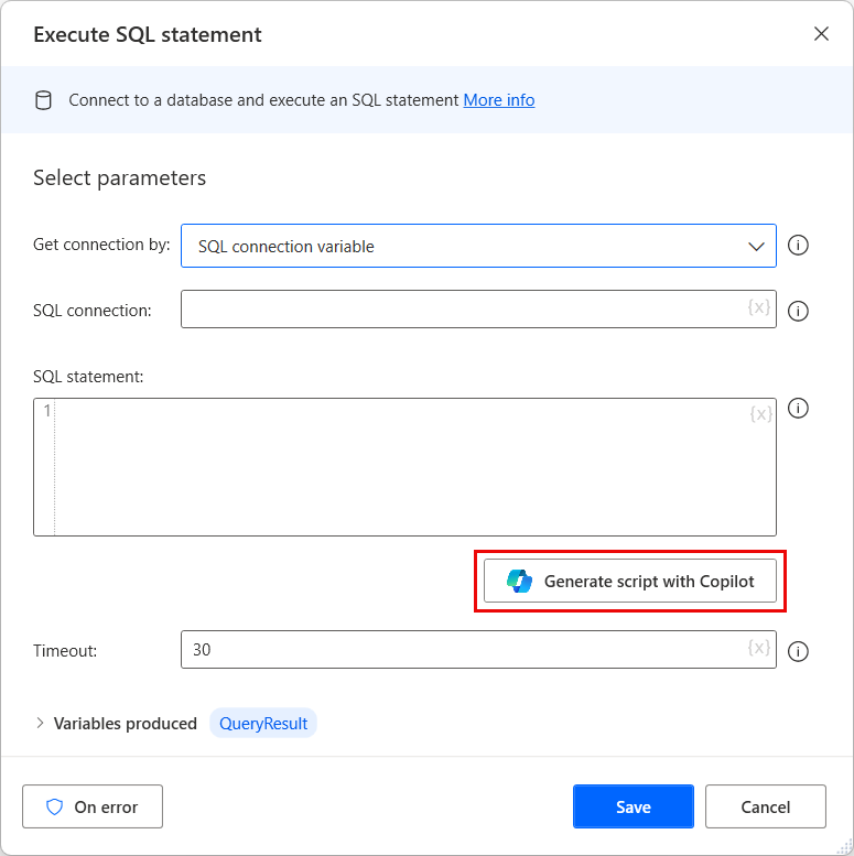 Screenshot of the execute SQL statement action with the Generate script with Copilot button highlighted