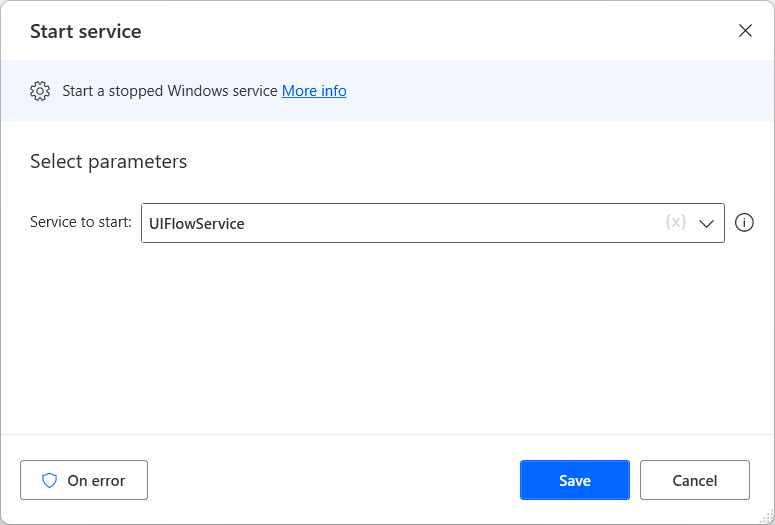 Screenshot of the Start service action.