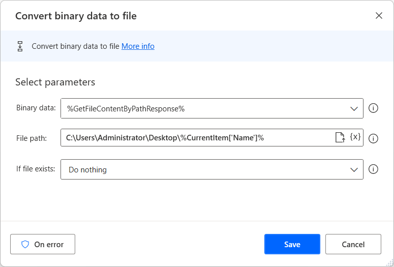 Screenshot of the Convert binary data to file action.