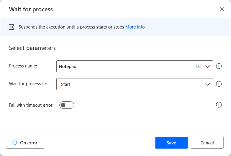 Screenshot of the Wait for process action.