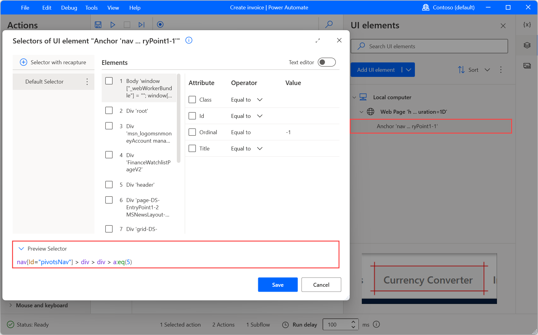 Screenshot of the options to edit and create selectors.