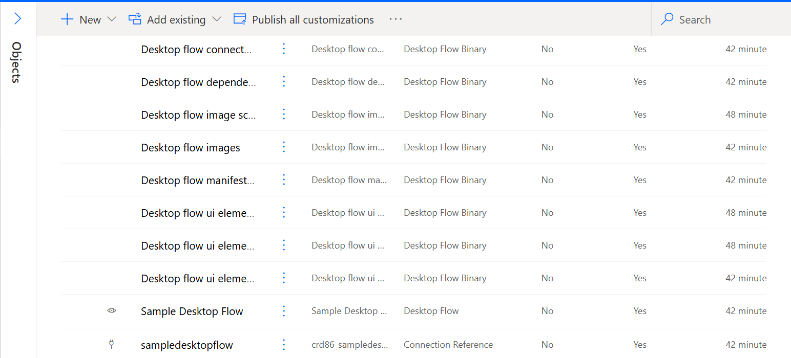 Screenshot of a desktop flow and a connection reference in a solution.