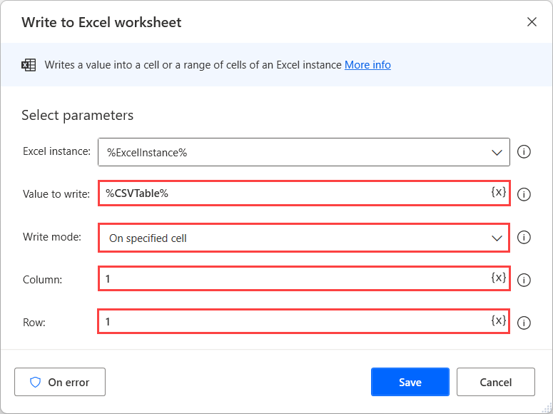 Screenshot of the populated Write to Excel worksheet action.