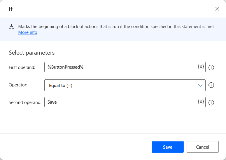 Screenshot of the If action that checks whether the save button is pressed.