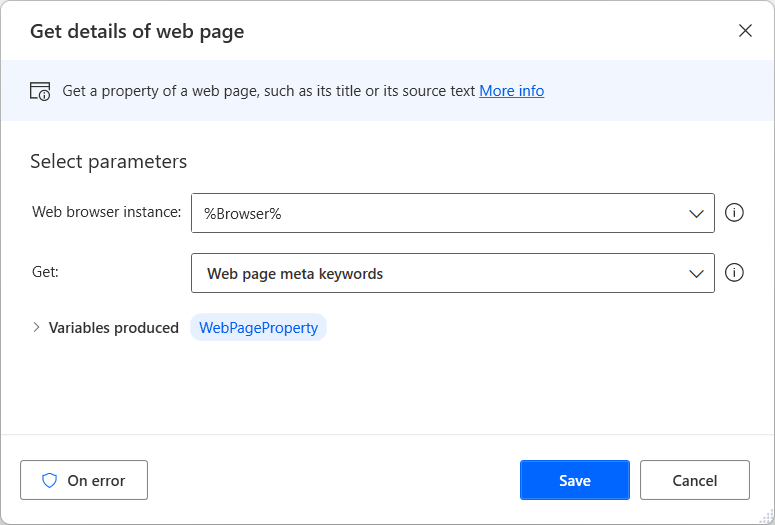 Screenshot of the Get details of web page action.